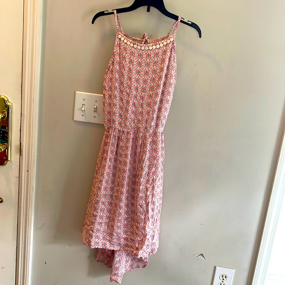 Art Class girls hi low dress 10/12 red, blue w ivory lace detail